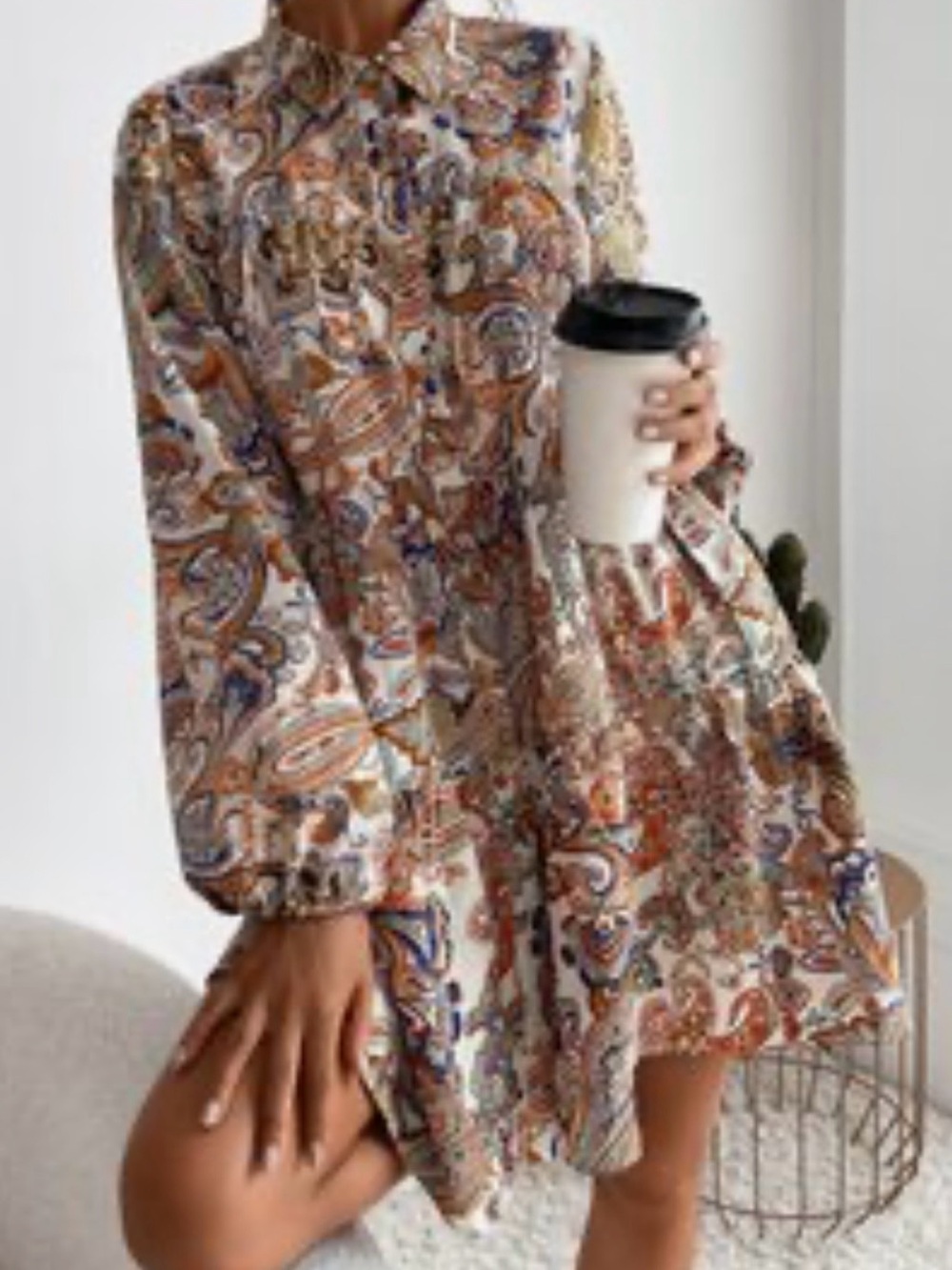 SHEIN White Multi Paisley Print Mini Shirt Dress